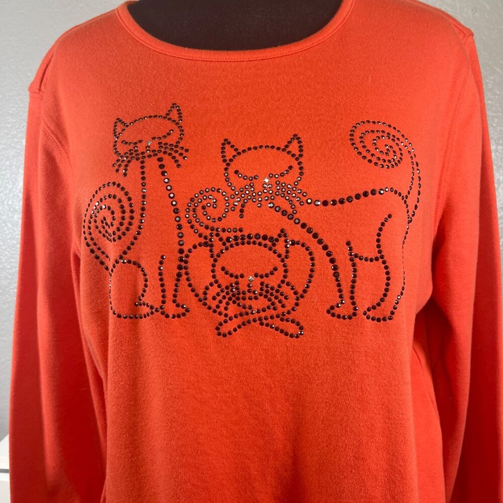 Designer Originals Womens Sz Large Orange Rhinestone Black Cat Halloween T Shirt